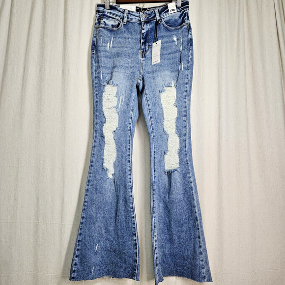 Judy Blue Denim - Judy Blue Jeans Womens Sz 7/28 High Waist Flare Fit Distressed Stretch Fray Cuff